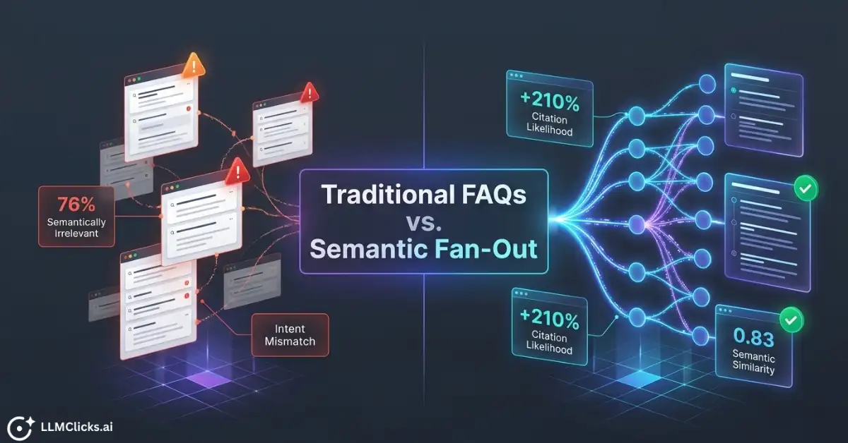 LLMClicks.ai technical case study visualization comparing broken traditional FAQ schema against a highly optimized semantic fan-out structure for generative engine optimization.