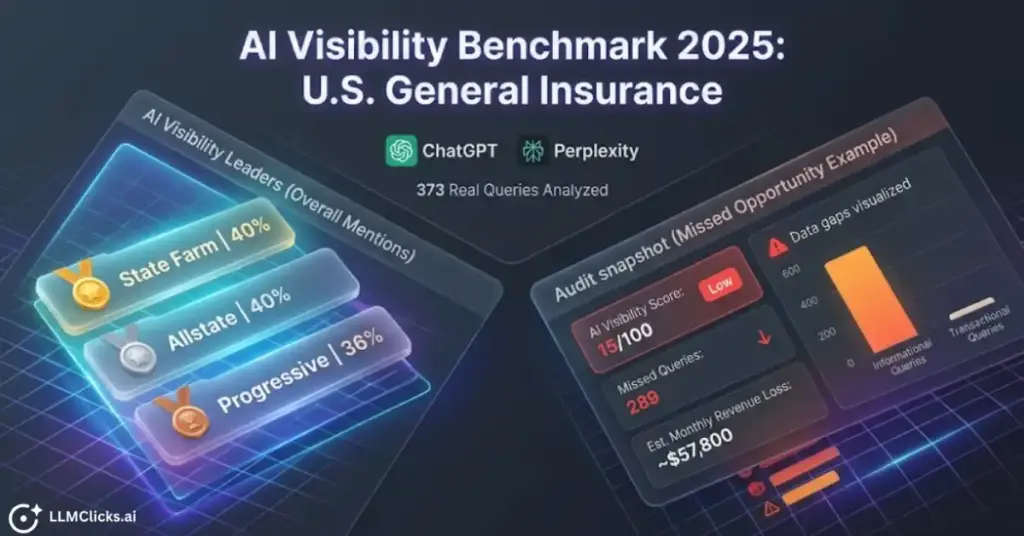 LLMClicks.ai technical infographic summarizing the 2025 U.S. General Insurance AI Visibility Benchmark, showing the overall leaderboard across ChatGPT and Perplexity contrasted against a specific case example of missed high-intent query coverage.