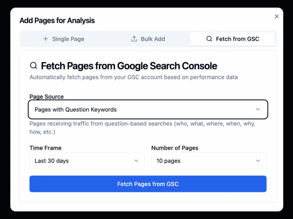 AI Query Mapper showing GSC integration for fetching pages with question-based keywords