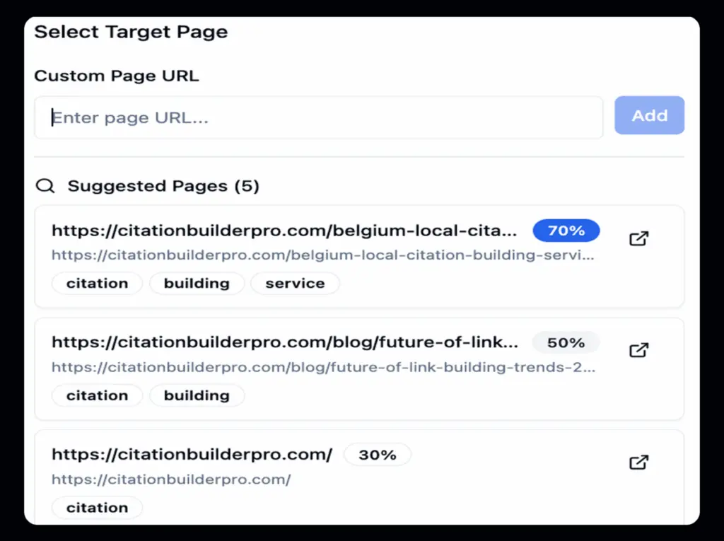 AI Query Mapper page selection tool displaying suggested pages with semantic match percentages