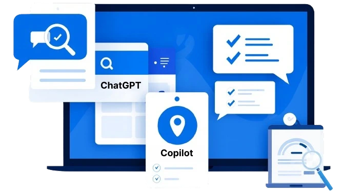 AI Visibility Audit illustration showing how brands appear across ChatGPT, Perplexity, Google AI, and Copilot