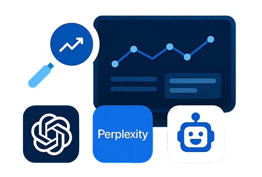 LLM Traffic Tracker illustration showing traffic trends from ChatGPT, Perplexity, and AI assistants
