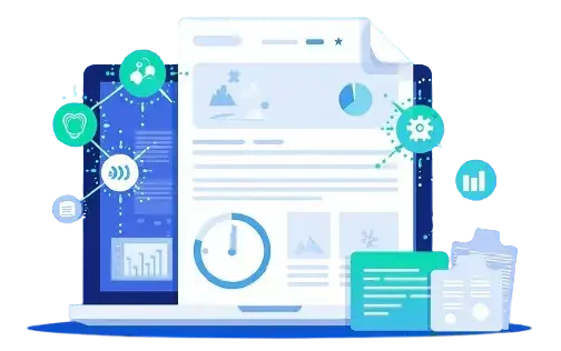 On-Page Optimiser illustration showing content analysis, technical improvements, and page insights