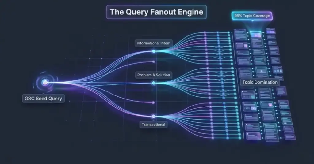LLMClicks.ai technical visualization demonstrating how the query fanout process expands a single seed keyword into a highly structured semantic ecosystem to achieve 95 percent AI topic coverage.
