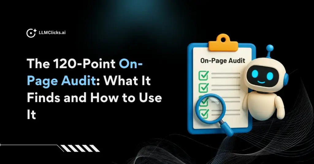 Visual overview of a 120-point on-page audit explaining AI accuracy issues and optimization steps