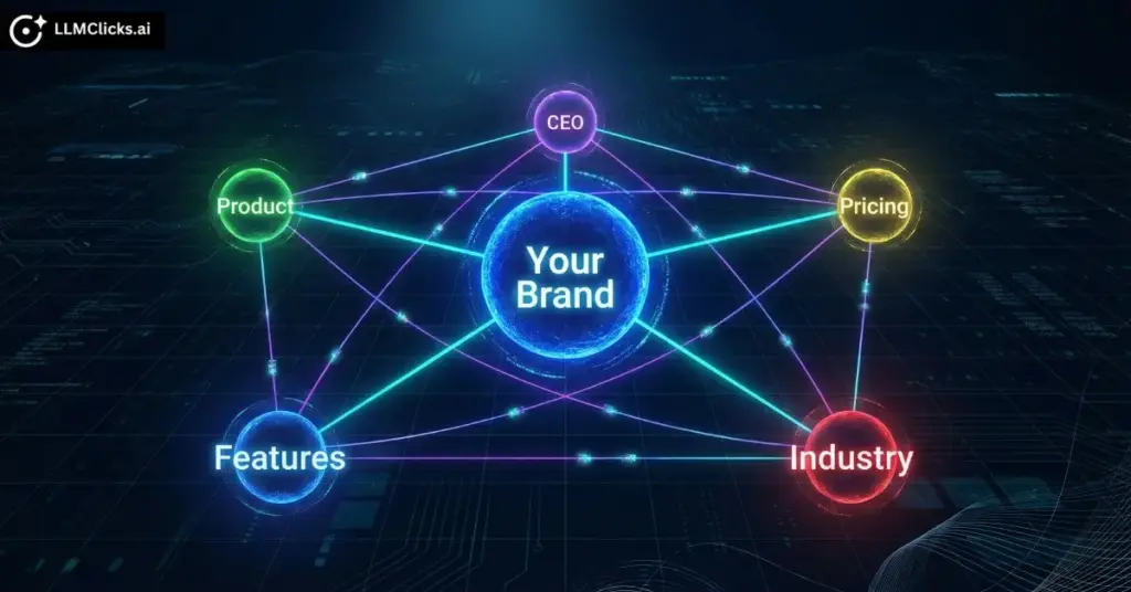 A semantic knowledge graph showing how AI models understand the relationships between a brand and its entities.
