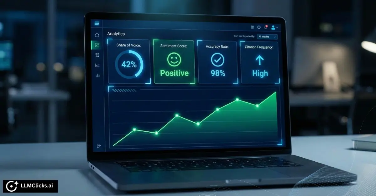 An AI SEO analytics dashboard displaying metrics like Share of Voice, Sentiment, and Accuracy instead of keyword rankings.