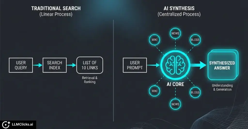 Diagram showing the difference between the Retrieval Model of search engines and the Synthesis Model of LLMs.
