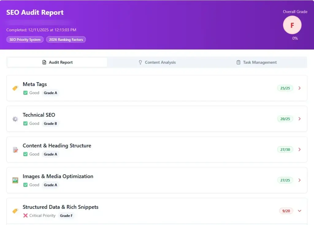 SEO audit dashboard displaying scores across six core audit categories including structured data and technical SEO