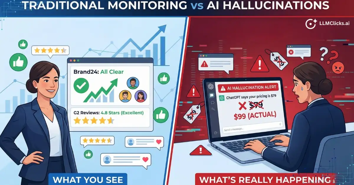 Brand reputation crisis showing traditional monitoring tools missing AI hallucinations while ChatGPT displays wrong pricing information