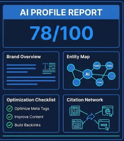 Overview of the AI Domain Profile Report featuring a 78/100 visibility score. The dashboard displays key insights including an AI Brand Overview, Entity Map, Citation Network, and a step-by-step Optimization Checklist for refining AI presence.