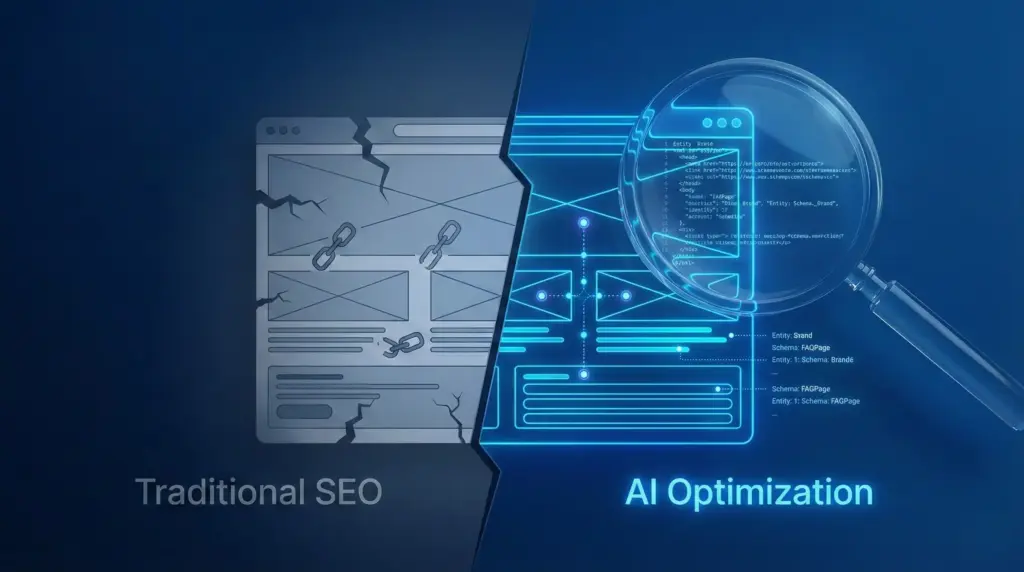 A split-screen comparison infographic. The left shows "Traditional SEO" as a broken website wireframe. The right shows "AI Optimization" as a glowing dashboard featuring an "AI Readiness Score: 85/100" gauge, alongside widgets for Entity Detection, Schema Validation, and Token Efficiency.