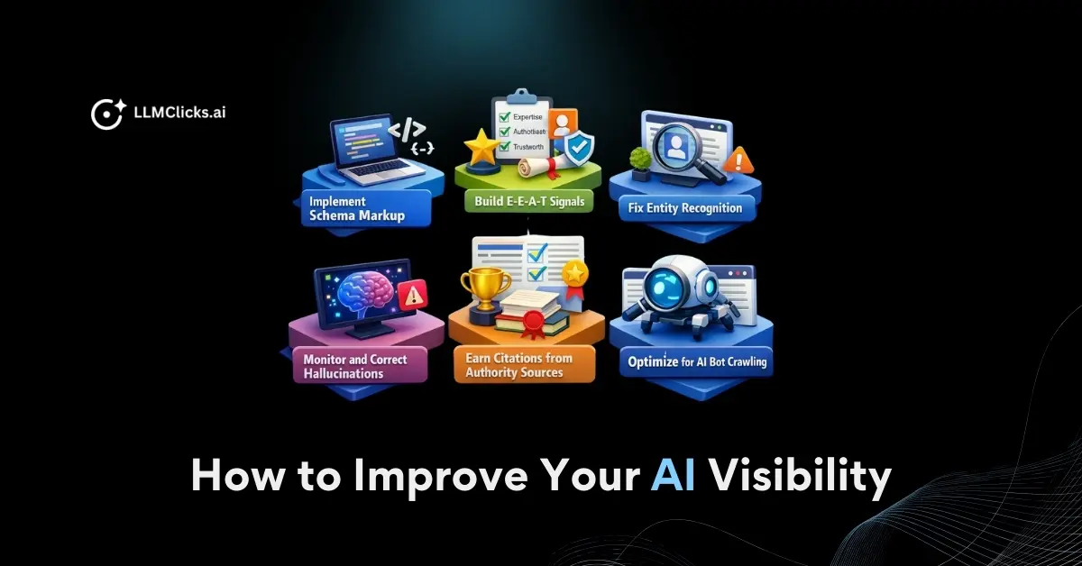 Six AI visibility improvement strategies: schema markup, E-E-A-T signals, entity recognition, hallucination monitoring, citations, and bot crawling