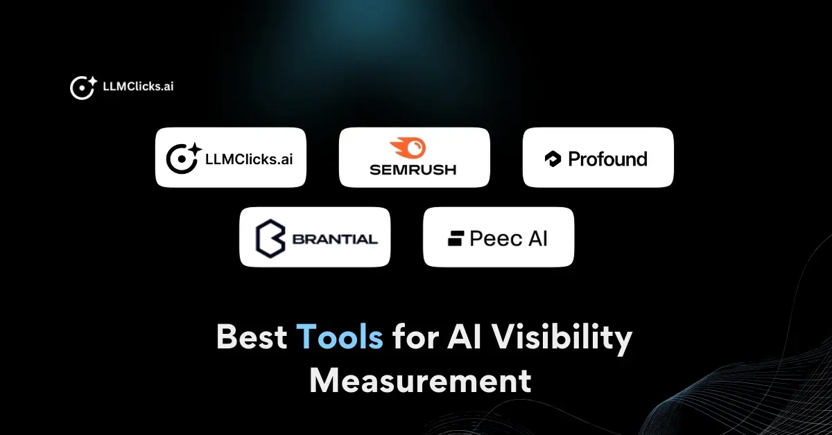 Five AI visibility tracking tools: LLMClicks.ai, Semrush, Profound, Brantial, and Peec AI platforms comparison