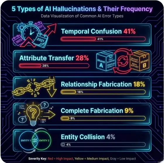 Five types of AI brand hallucinations infographic showing temporal confusion, attribute transfer, relationship fabrication, complete fabrication, and entity collision with frequency percentages