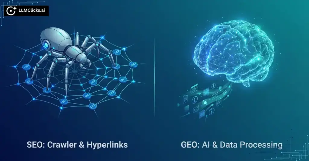 Difference between SEO web crawler and GEO neural network processing.