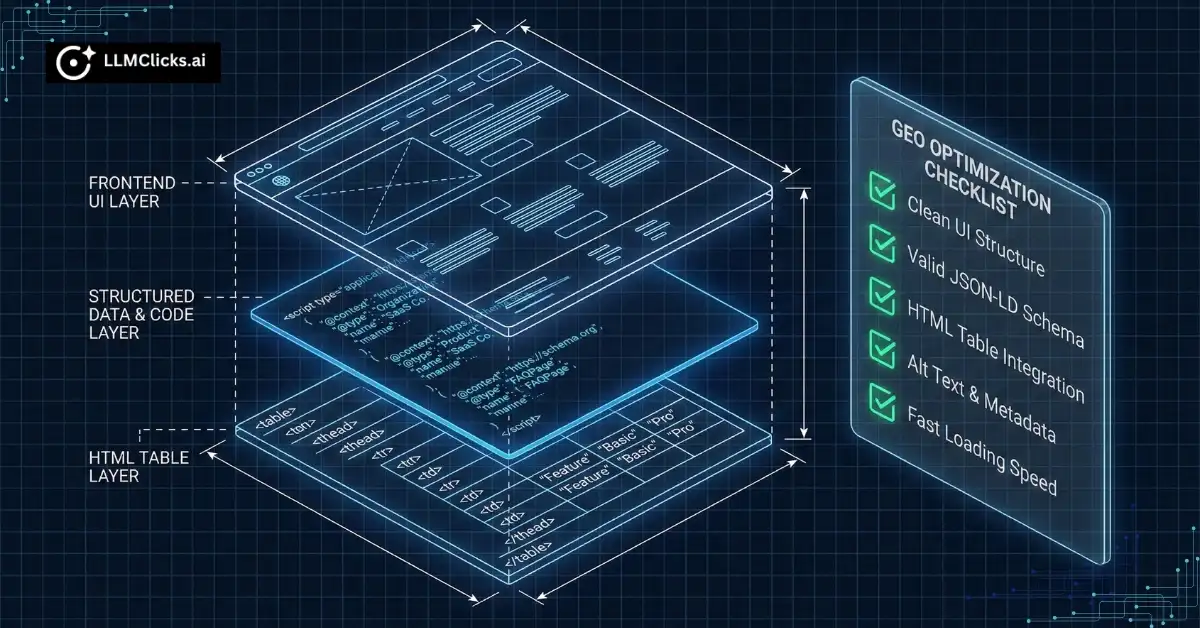 Technical GEO playbook checklist showing schema and structured data layers.