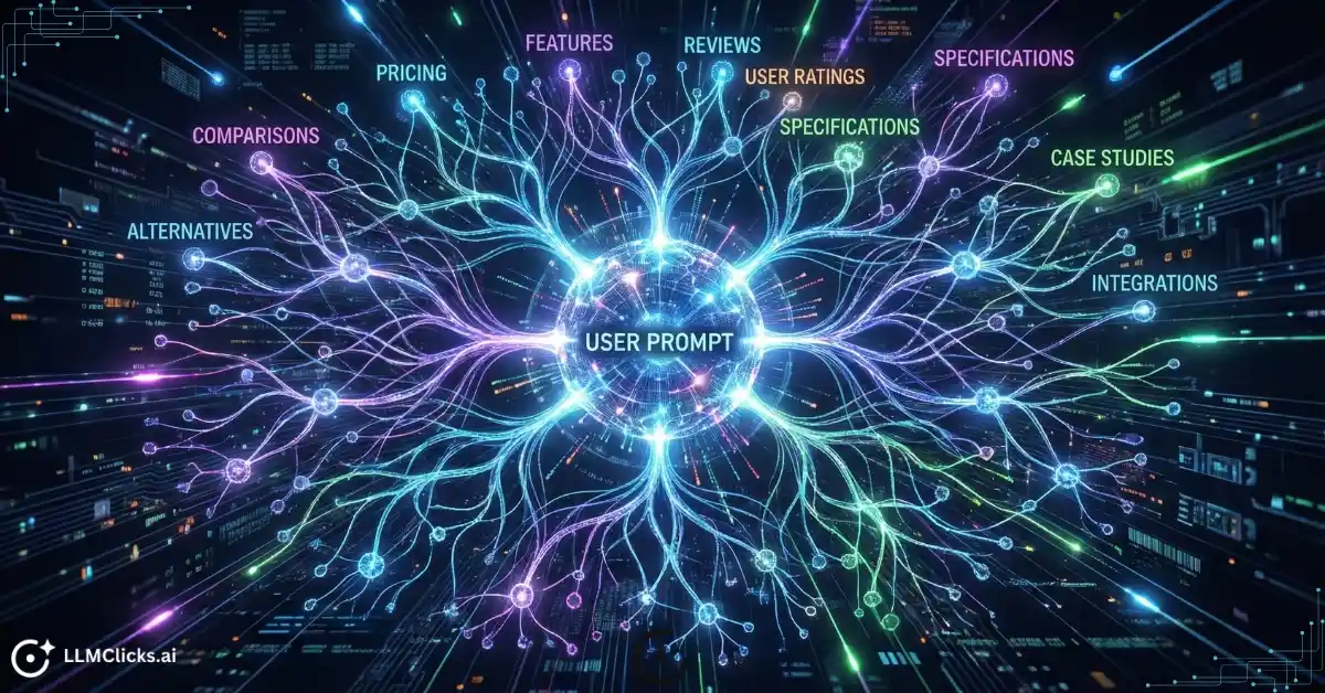 Neural network diagram showing how a Large Language Model breaks a single complex prompt into multiple sub-queries during the synthesis phase.