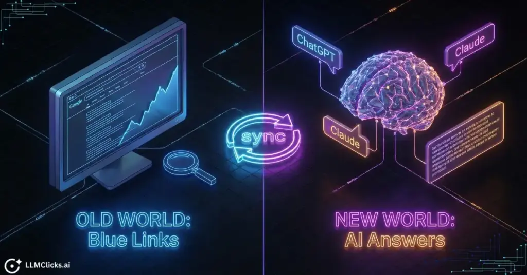 Split-screen illustration comparing traditional Google search results with modern AI answer engine visibility.