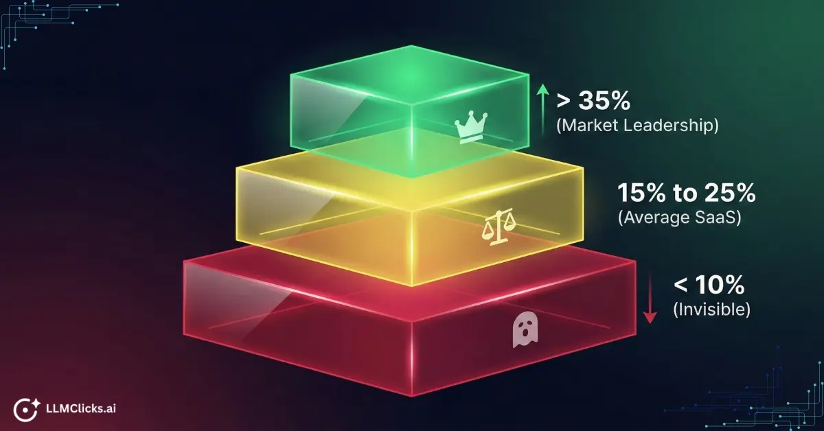 Chart displaying AI Share of Voice benchmarks for B2B SaaS, highlighting the 10 percent, 25 percent, and 35 percent market leadership thresholds.