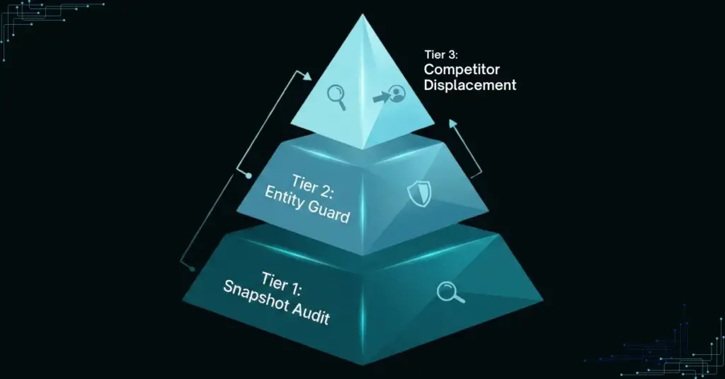 Three-tier agency pricing model for AI visibility services: Snapshot Audit, Entity Guard, and Competitor Displacement.