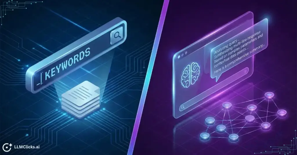 Split screen comparing a traditional short-tail keyword search bar with a modern conversational AI prompt interface.