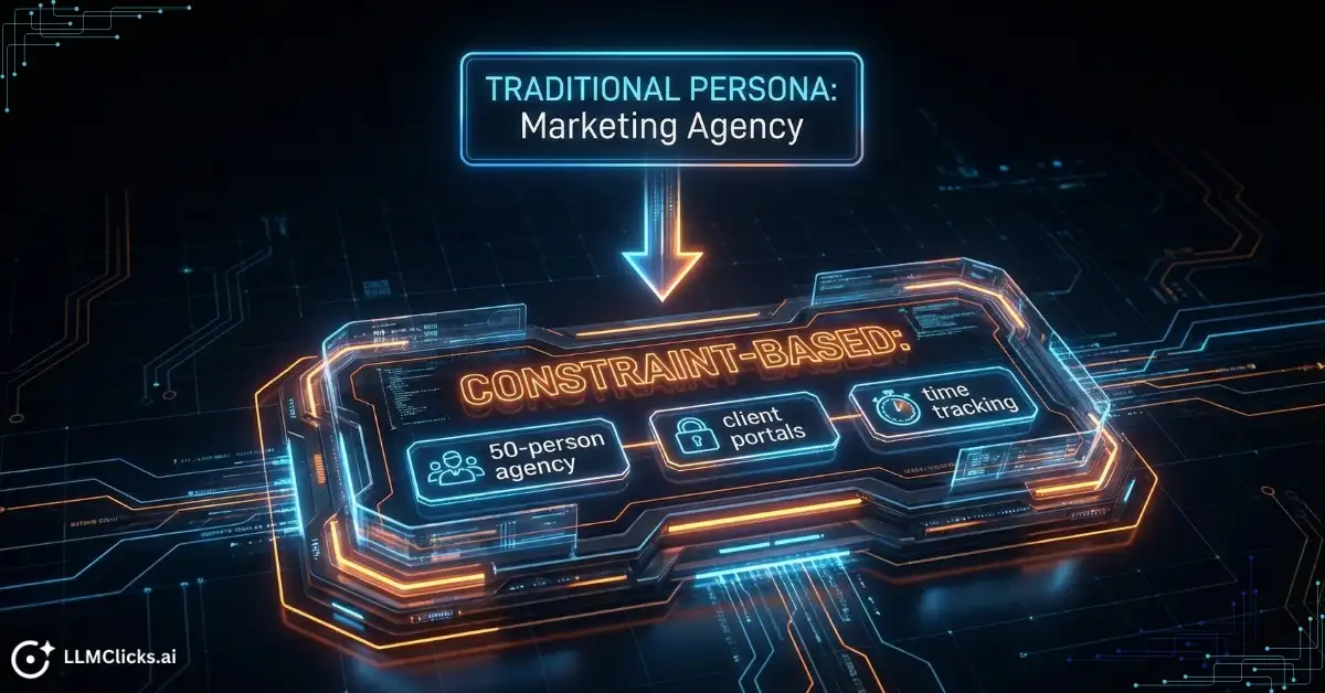Flowchart diagram illustrating the shift from a broad traditional marketing persona to a specific constraint-based persona used for AI SEO.