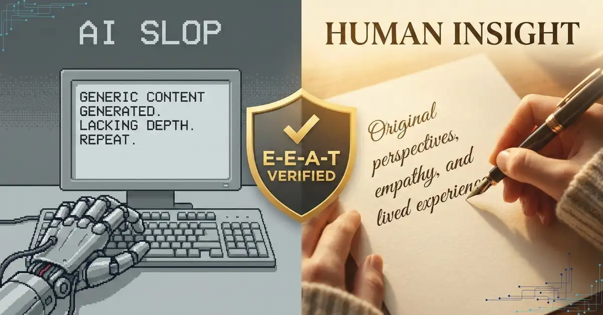 Comparison between generic AI content and human-verified content with E-E-A-T signals.