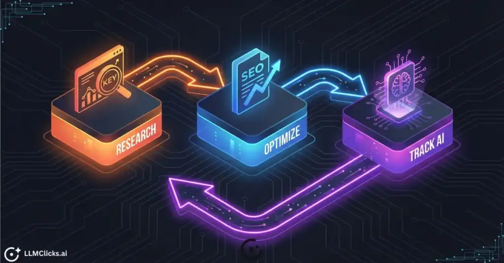 Diagram showing the Hybrid SEO Stack workflow: Research, Content Optimization, and AI Visibility Tracking.