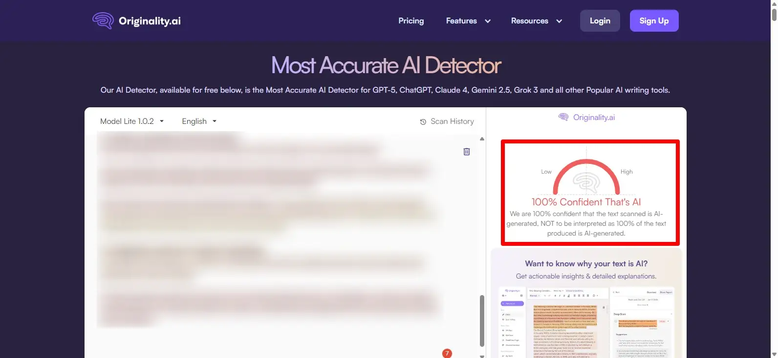 Originality.ai scanning report showing a 100% AI detection score and highlighting potentially robotic text segments.