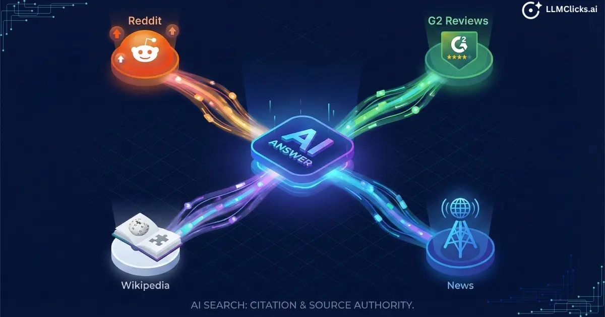 Visualization of Perplexity AI pulling citations from authoritative sources like Reddit and G2.