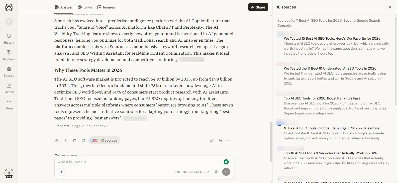 Perplexity AI search interface displaying a synthesized answer with numbered footnotes linking to competitor sources like Reddit and G2.