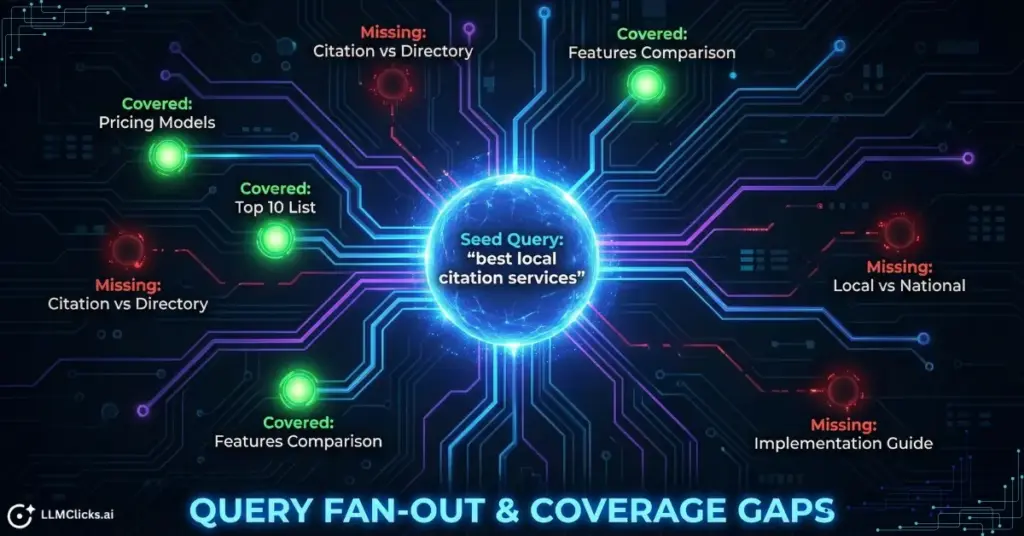 Network diagram demonstrating a seed keyword branching into green "covered" nodes and red "missing" nodes, visualizing how the tool identifies content gaps in AI search coverage.