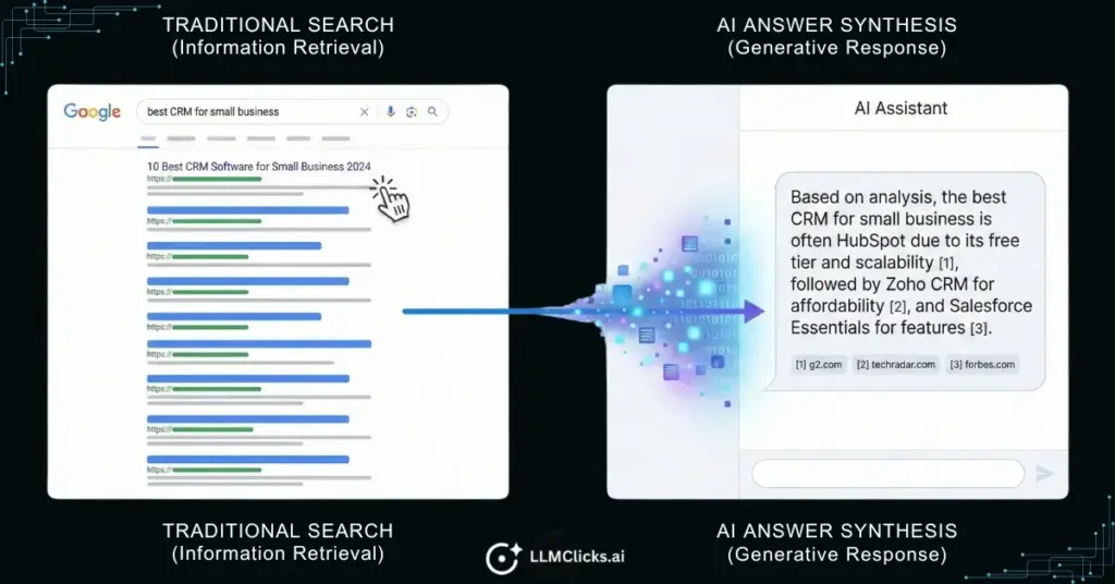 Diagram showing the shift from traditional search engine results to AI-generated synthesized answers.