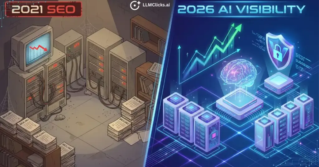 Illustration comparing declining traditional SEO tactics with the rise of AI Visibility audits for agencies in 2026.