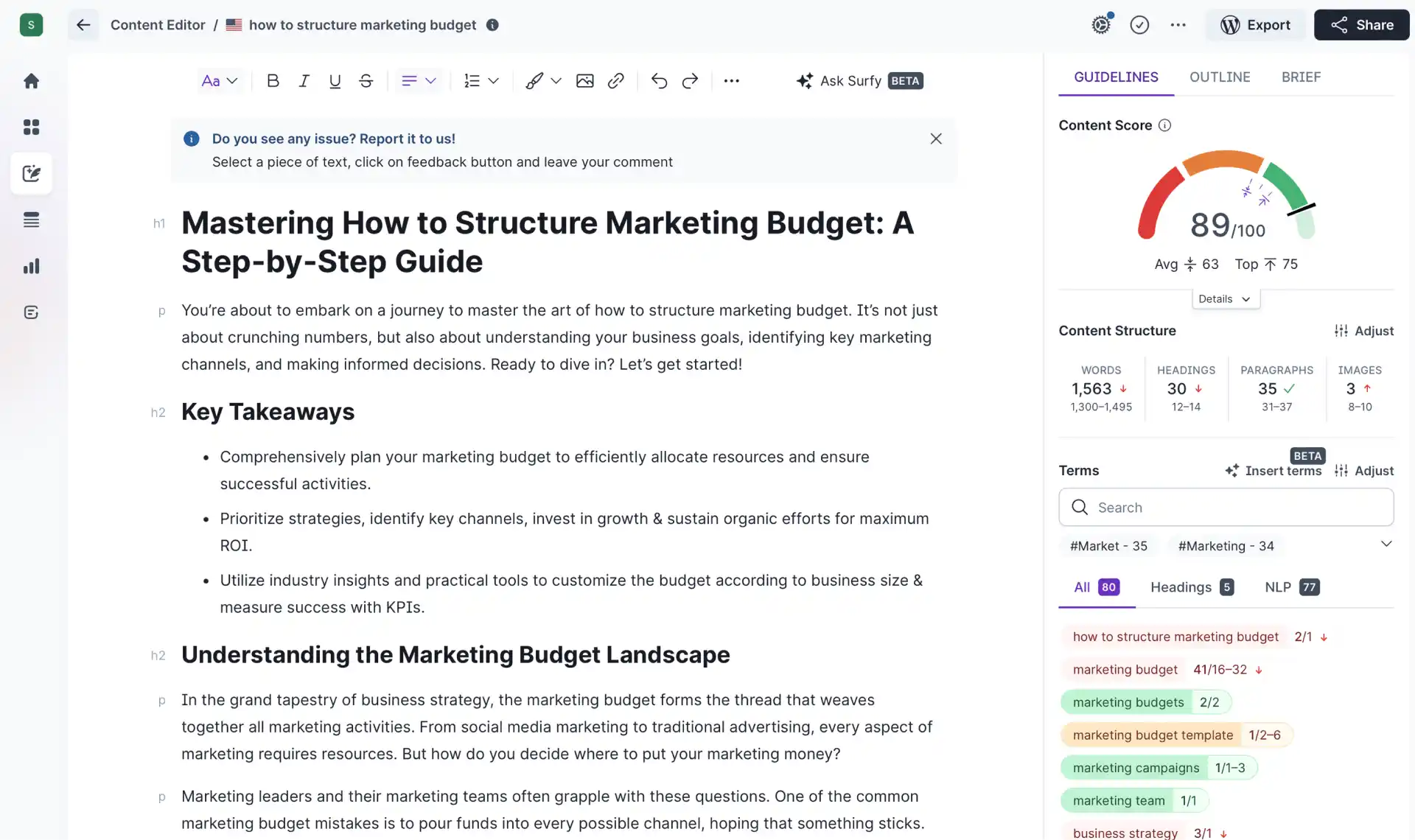 Surfer SEO Content Editor showing a Content Score of 85/100 and a sidebar of suggested NLP entities to improve semantic relevance.
