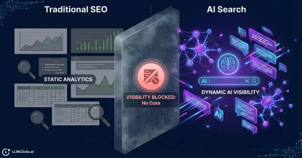 Illustration comparing static traditional SEO analytics graphs against a vibrant, glowing AI neural network, separated by a digital barrier representing the lack of visibility into AI search results.