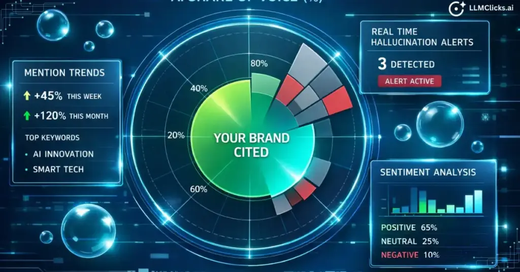 Infographic radar chart inside a modern futuristic dashboard visualizing AI Share of Voice metric showing your brand cited over competitors across different LLM platforms.