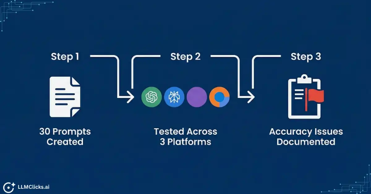 3-step testing methodology used to compare Otterly, Peec AI, and LLMClicks.ai across 30 prompts on ChatGPT, Perplexity, Claude, and Gemini