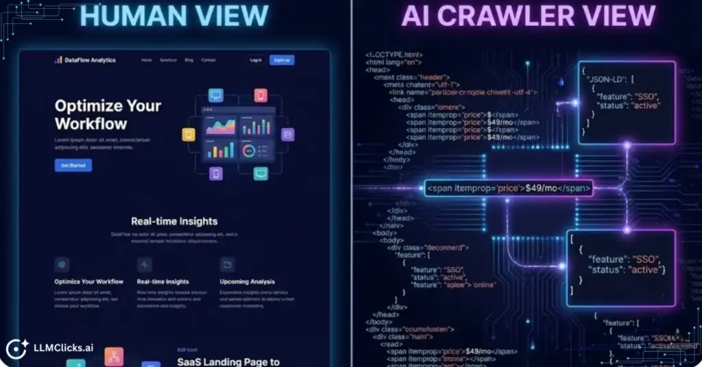 Split-screen illustration comparing the visual rendering of a website for humans versus the raw code and structured data view perceived by AI crawlers.