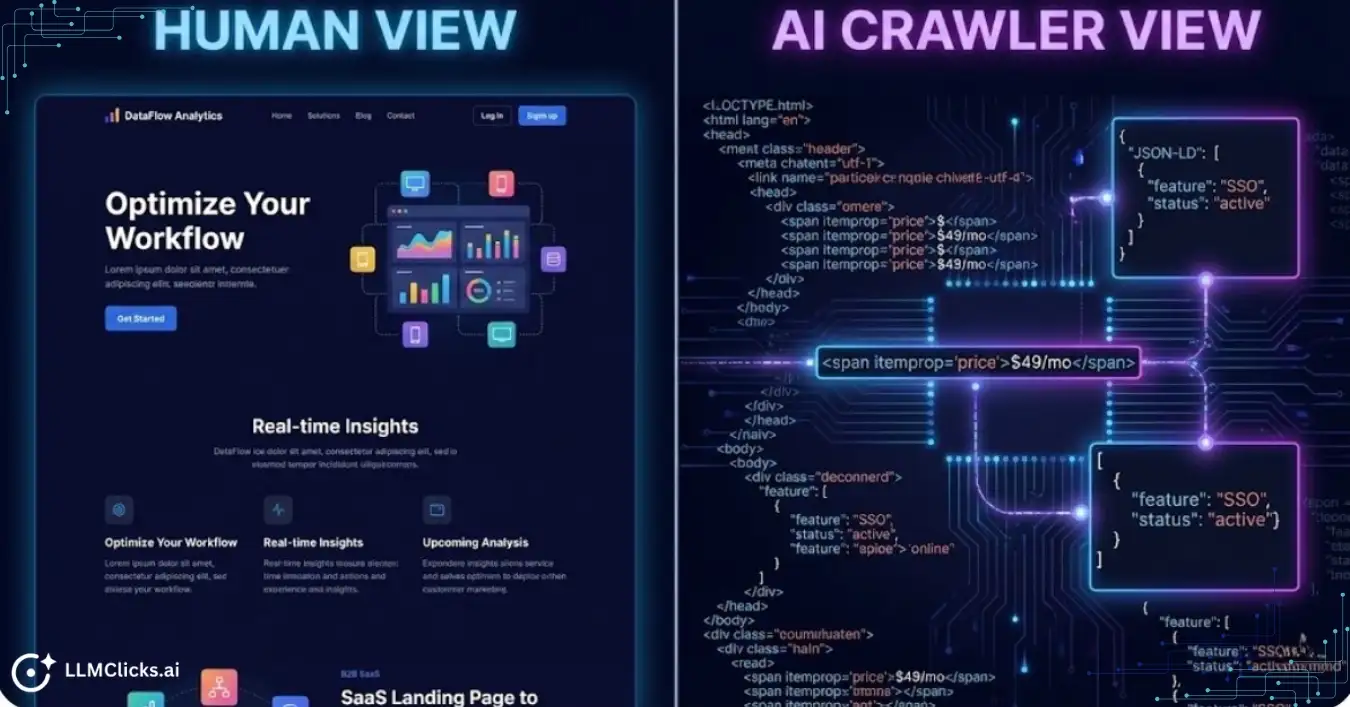 Split-screen illustration comparing the visual rendering of a website for humans versus the raw code and structured data view perceived by AI crawlers.