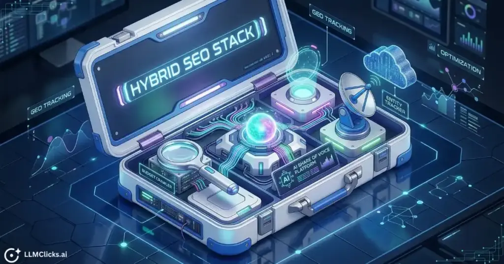 Isometric 3D illustration of an specialized hybrid SEO toolkit containing specialized crawlers, entity trackers, and AI share of voice platforms.
