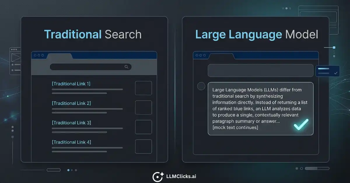 Comparison of traditional search engine blue links versus a synthesized LLM answer
