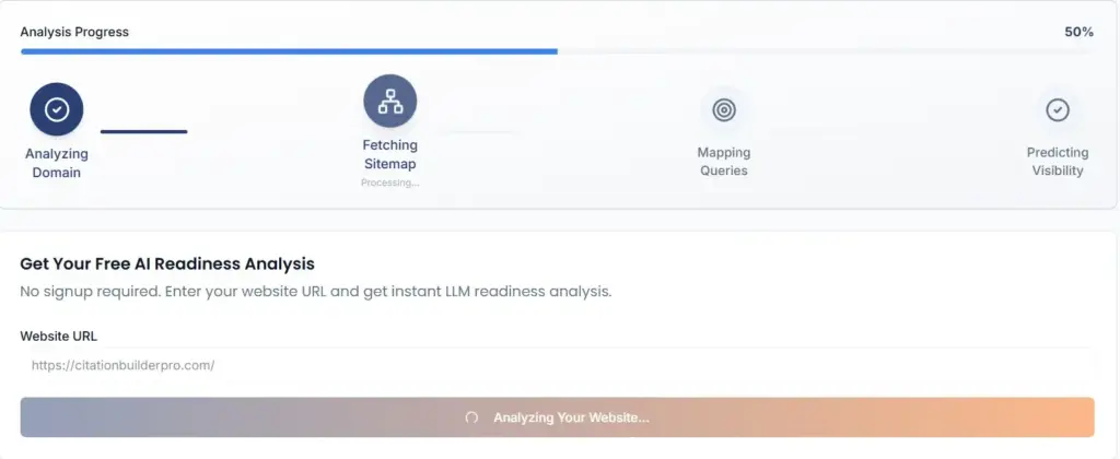 Screenshot of the free LLMClicks AI Readiness Analyzer tool dashboard showing technical audit results for AI search compatibility.