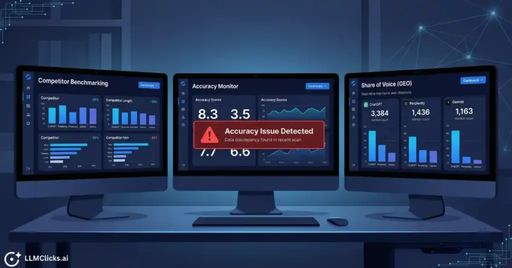Three AI visibility tracker dashboards compared side by side showing monitoring vs accuracy detection differences