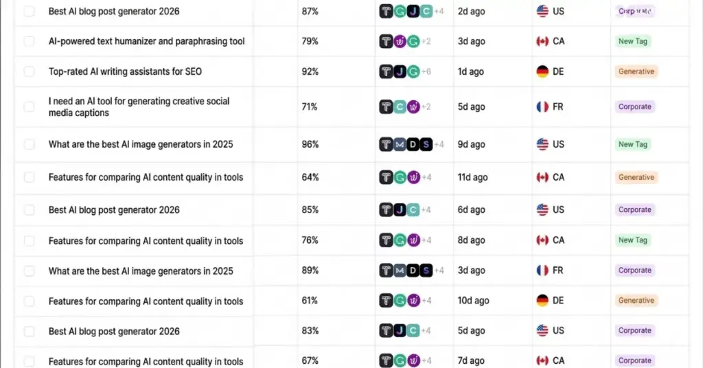 Peec AI dashboard showing region-based AI visibility report with multi-language tracking and brand mention scores