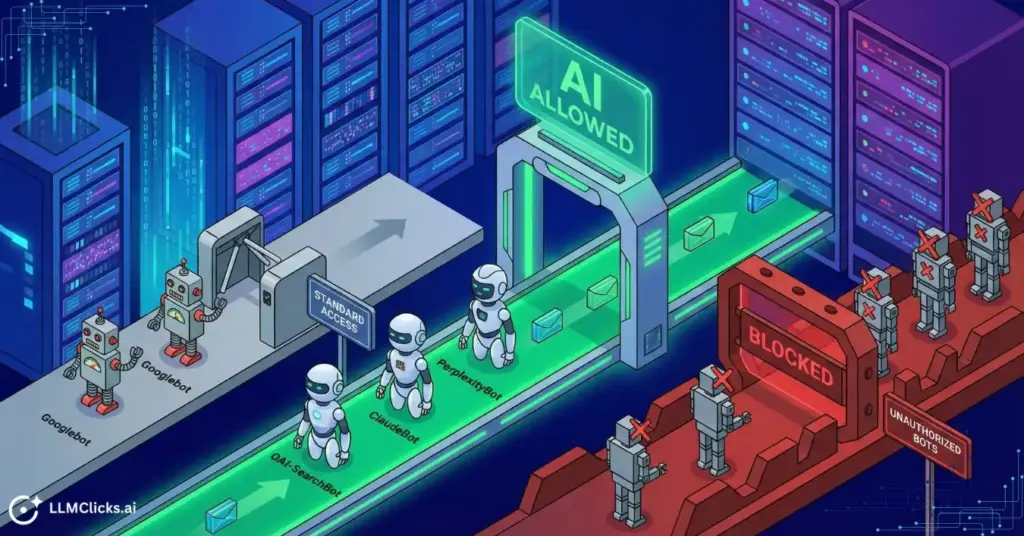 Diagram illustrating a robots.txt configuration allowing specific AI search bots like OAI-SearchBot and ClaudeBot while blocking unauthorized crawlers.