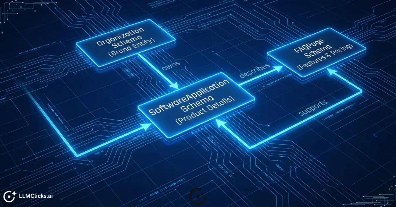 Technical diagram showing how interconnected JSON-LD schema entities make SaaS websites machine-readable for Large Language Models.