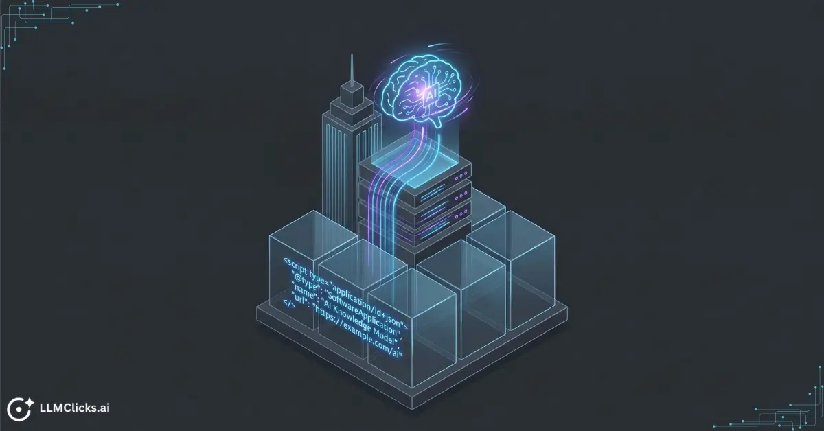 Isometric illustration showing a server building constructed on transparent blocks of glowing SoftwareApplication schema markup code, which are feeding data streams directly into an AI model's brain icon.