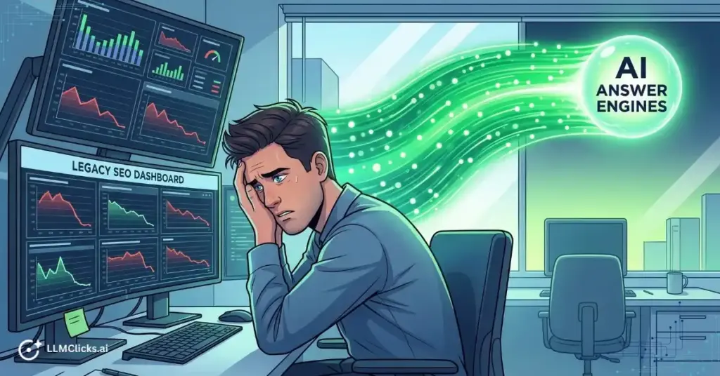 Illustration of a frustrated marketer with platform fatigue ignoring traditional SEO data as massive AI agent traffic bypasses them.